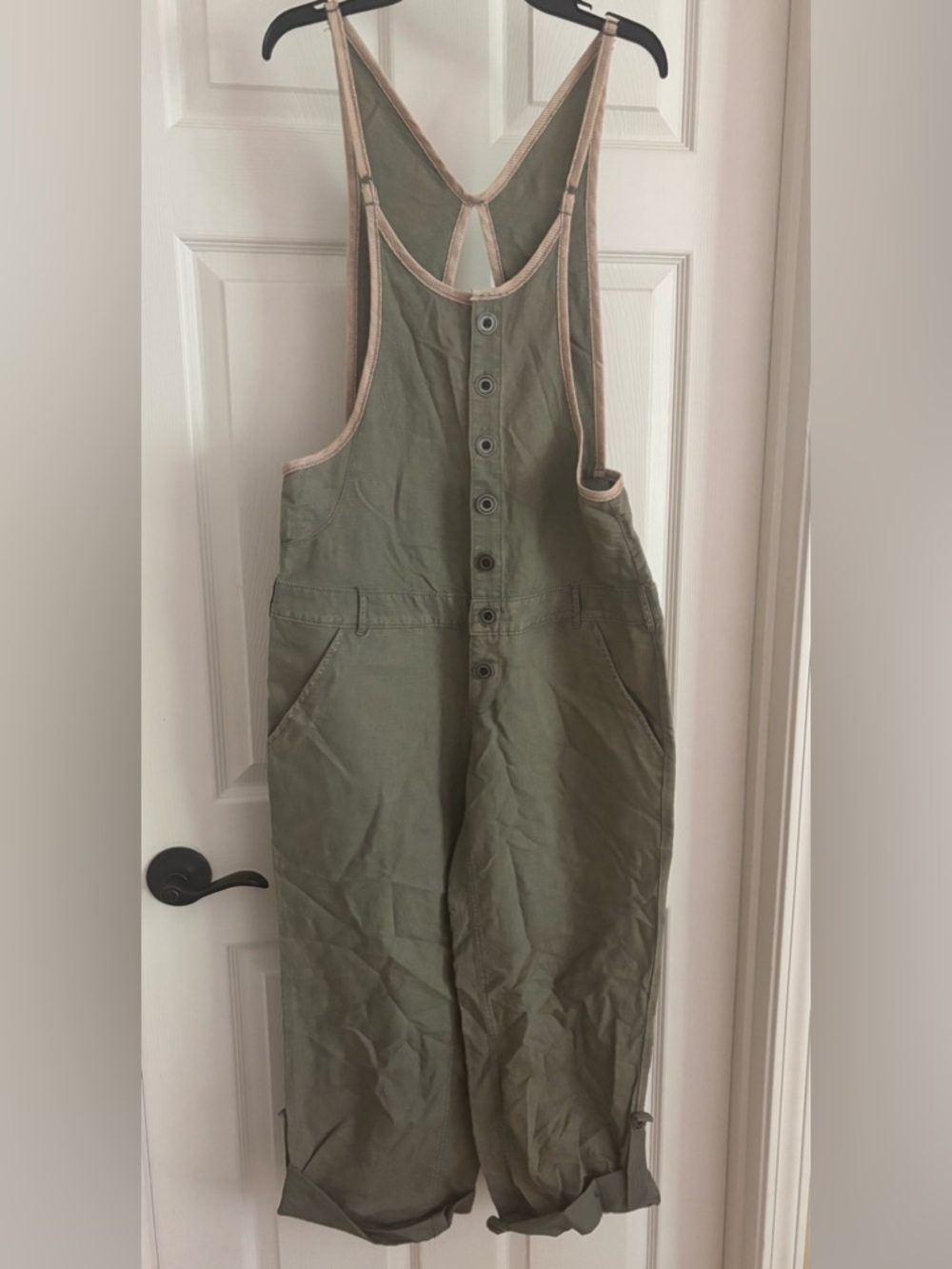 Free People linen and cotton blend Olive Green Button-Front Overalls